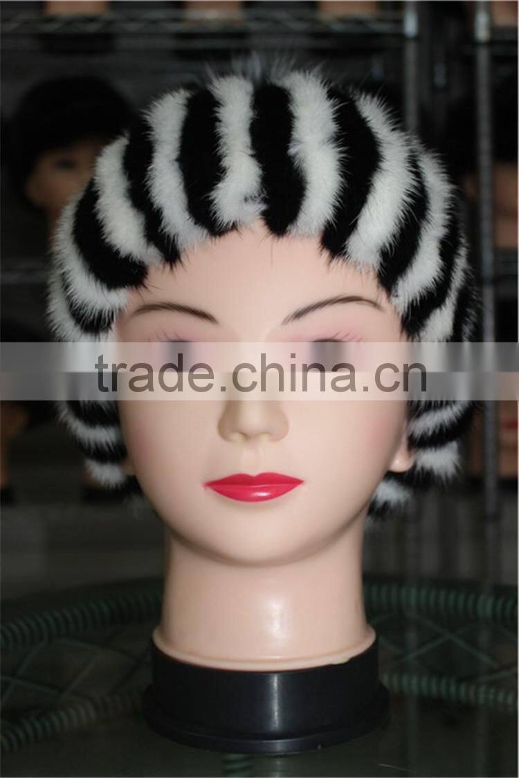 Women Beanies Real Stripe Knitted Mink Fur Caps With Top Silver Fox Fur Ball Hats