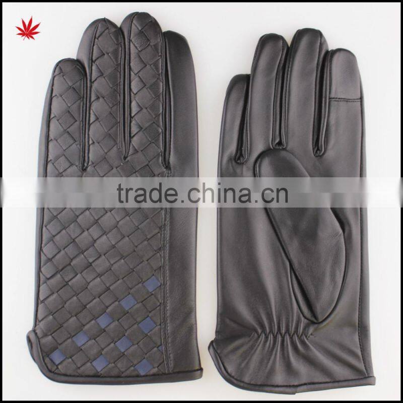 men fashion sheepskin finger touch screen woven two colour leather gloves