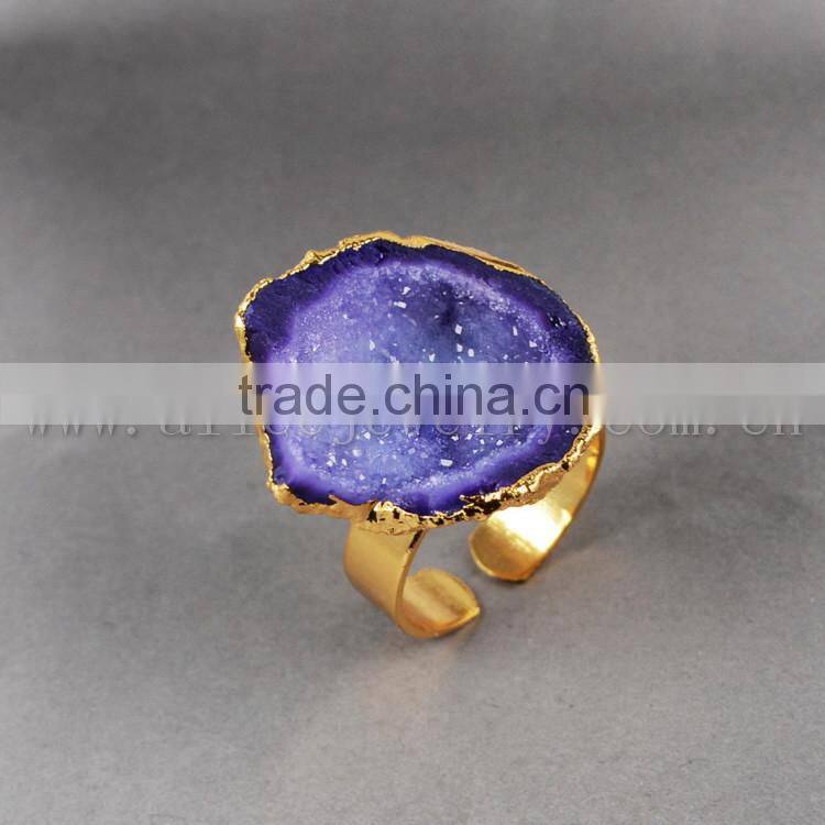 Fashion Vintage Antique Ajustable Golden Plated Druzy Geode Agate Statement Wide Ring