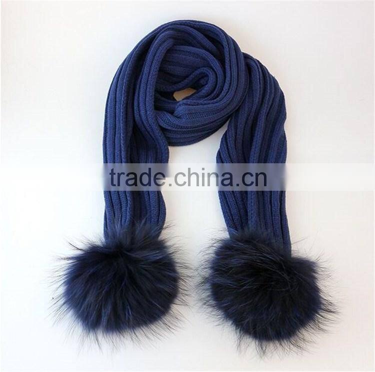 RRSC001D Genuine raccoon fur pompom scarf New winter thick White acrylic warm striped knitted scarves wool shawl