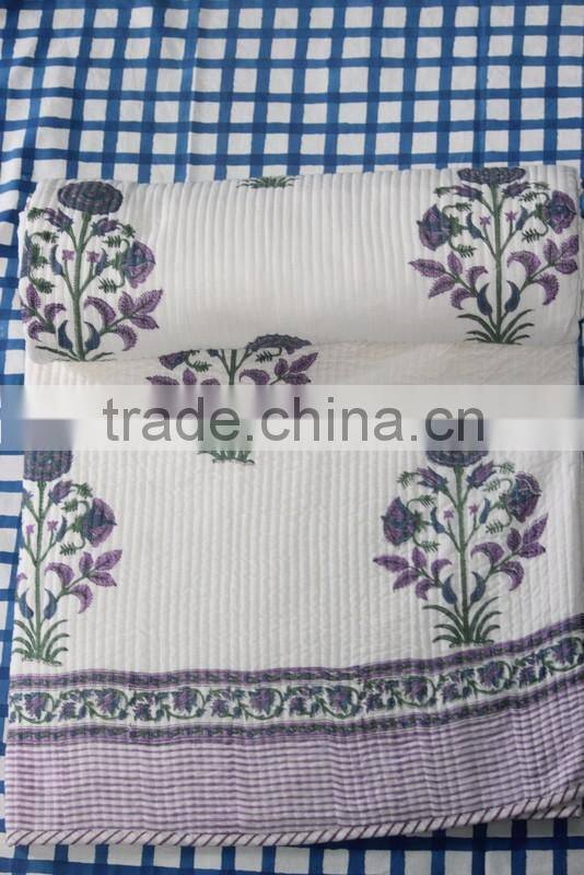Hand Block Print Cotton Kantha Quilted Bed Cover, Baby Quilt jaipuri Print, Custom Design