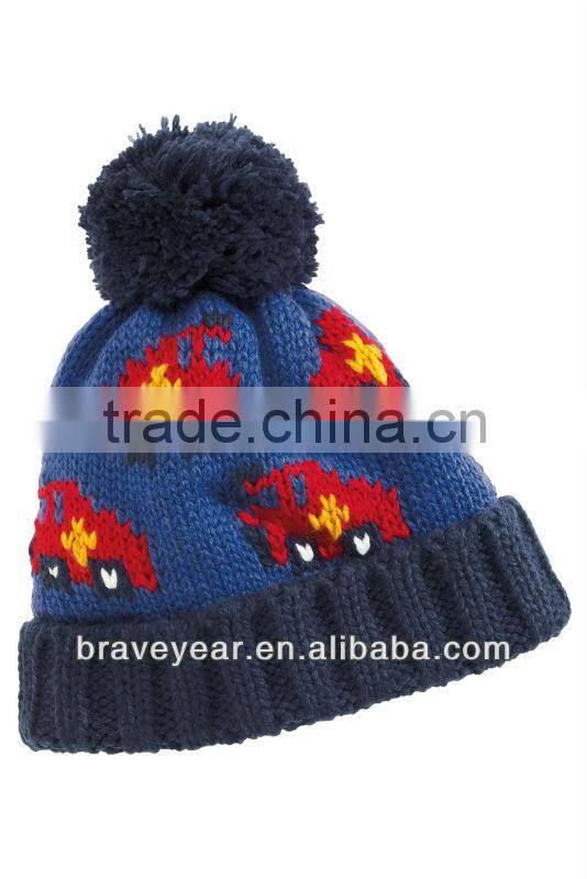 kids car jacquard knitted beanie hat with pom pom