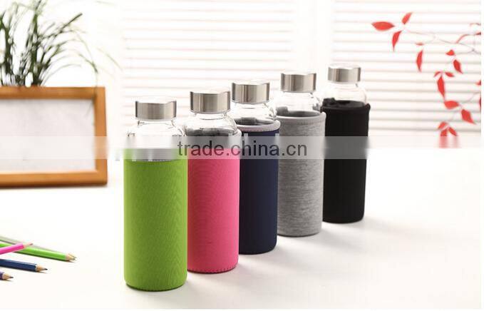 550ml hot selling healthy leak-proof crystal glass insulate sports bottle with sleeve