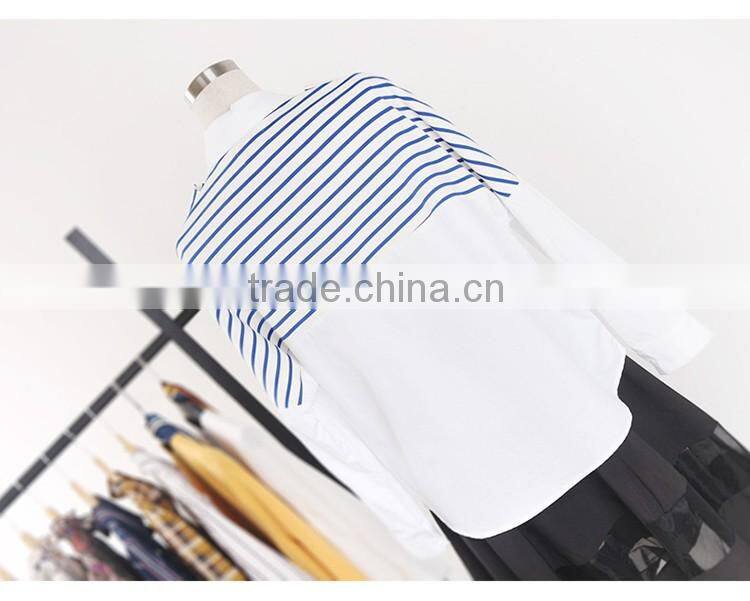 2016 Ladies New Design Fashion Top Blue White Striped Patchwork Knit Tie Neck Poplin Long Sleeve Latest Shirt Designs For Women