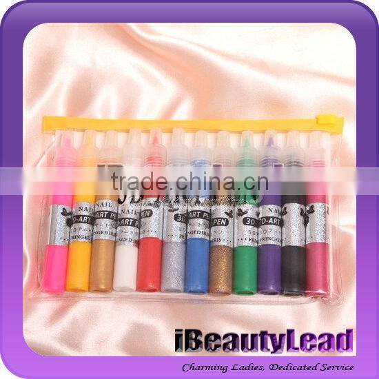 Nail art pen fashional 3D nail pen set with 12 different colors per bag