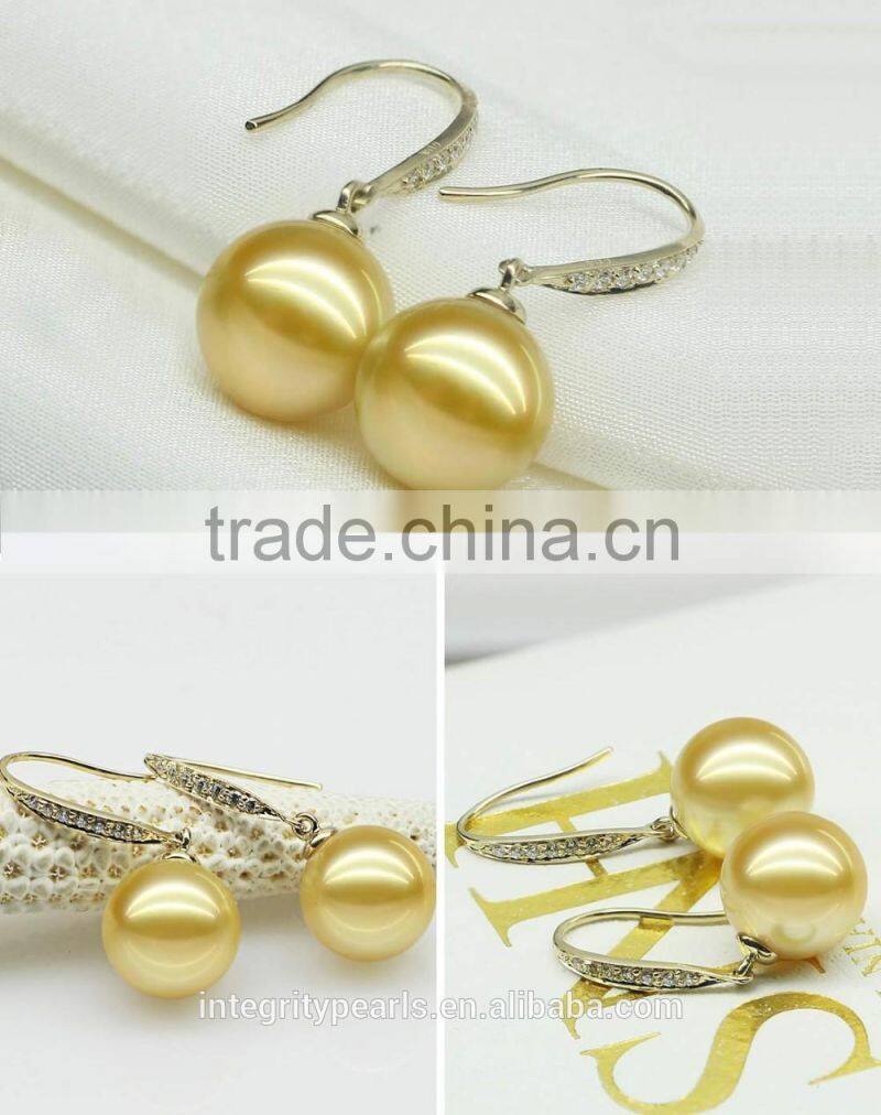 AAA perfect round 10-11mm south sea golden pearl earring