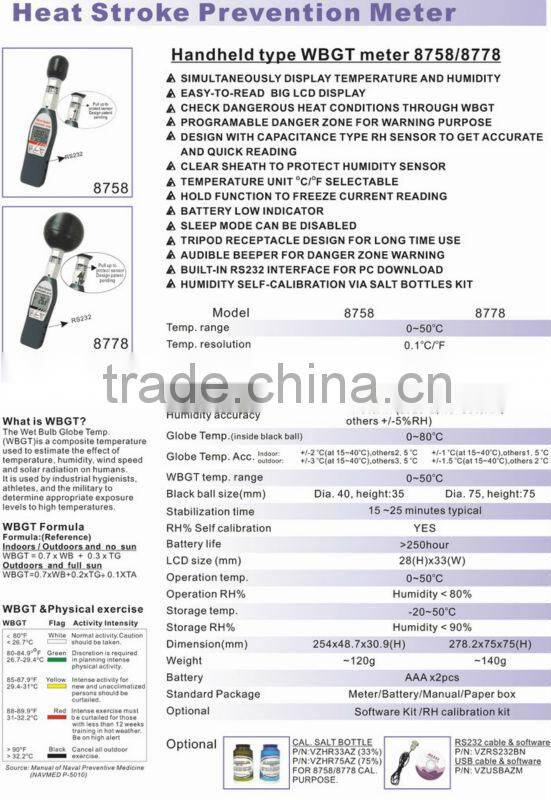 Handheld WBGT Meter, Wet Bulb Globe Temperature Meter, Heat Stroke Prevention Meter RS232 AZ8758