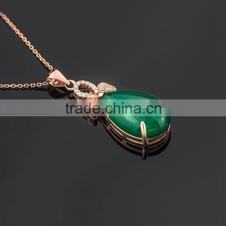 Classic design, 18k real gold plating solid silver necklace fashion jewelry with natural green chalcedony pendant