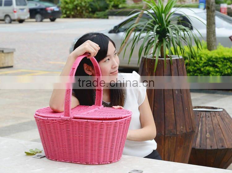 Wholesale plastic wicker storage basket oval shape fruit basket with cover