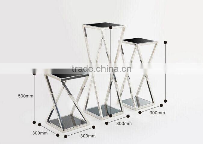 Newest Model Black Glass Console Table Set With Stainless Steel Base For Sale