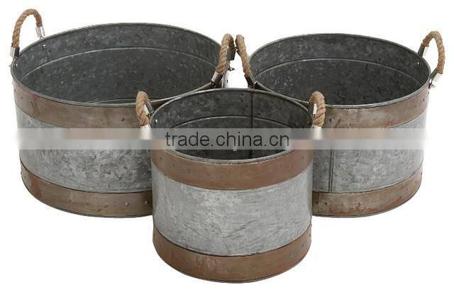 Large Round galvanized planter,Traditional Rustic Set of 3 Metal Galvanized Planter Home and garden with Jute ropeDecor