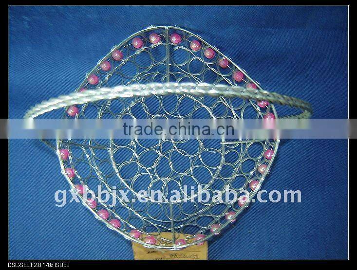 Silver round storage wire hanging basket frame decorative with red pearl
