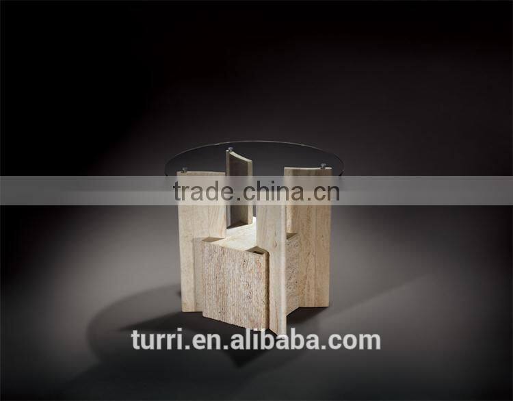 Iran natural travertine base round glass side table