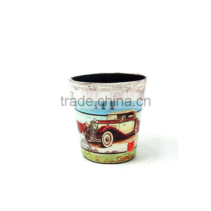Car Print Dustbin Faux Leather Open Top Standing Trash Can