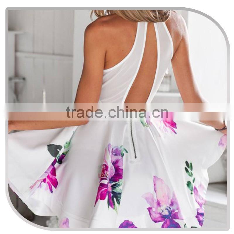 Summer halter one piece hollow out dress 2016 keyhole flower print A line simple casual dress