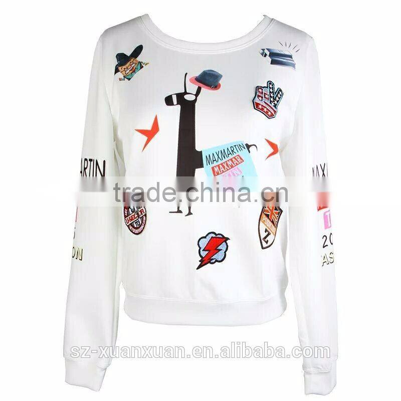 2016 fashion short pullover hoody with white cartoon printing for women
