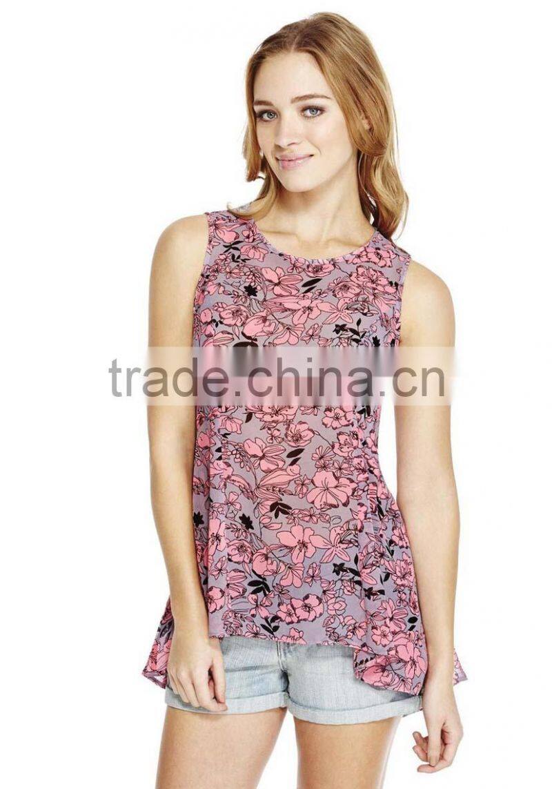 Women clothing for print drop back hem chiffon top China manufacturer