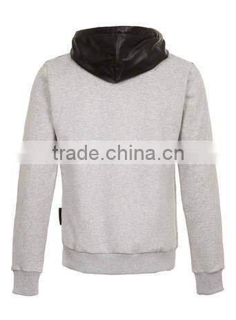 good quality mens grey plain zip-up hoodies with leather patches and hood