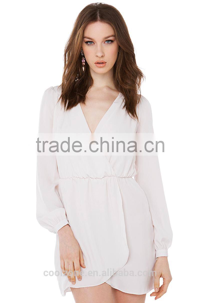 2015 New style v neck long sleeve chiffon sexy evening dress