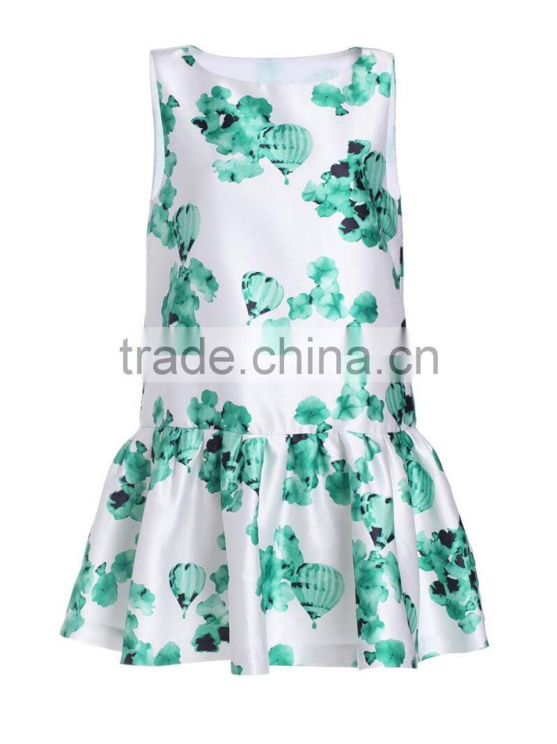Girls full printing falbala sleeveless Peplum dress