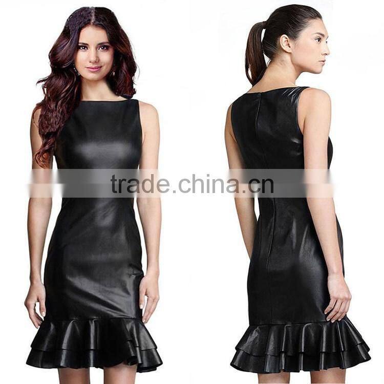 Sexy Women Party Wear Pencil Sleeveless Dress Fashion Leather Back Zipper Dresses 2016