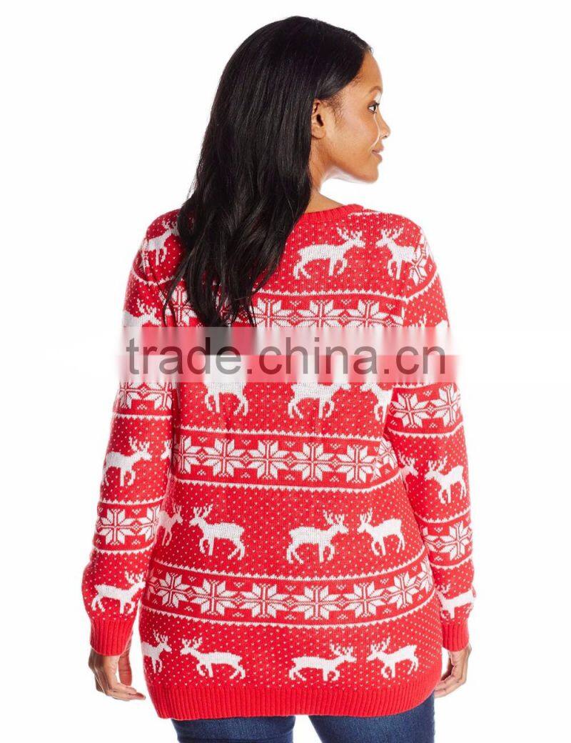 Women Red Sweater Smile Reindeer Pattern Christmas Jumpers With Lights