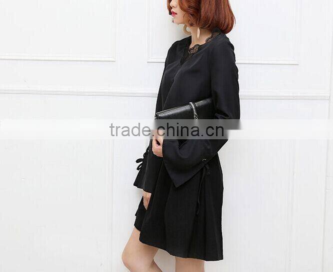 Hot sales!!!2017 Latest Ladies black lace v neck chiffon shirt