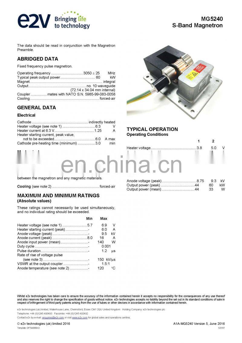 Marine electronics maritime navigation communication Furuno marine radar spare parts UK MG5240 E2V S band magnetron