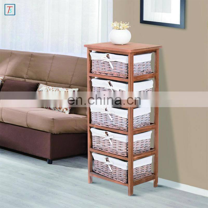 5 Drawer Storage Unit Wooden Frame with Wicker Woven Baskets Household Cabinet Chest