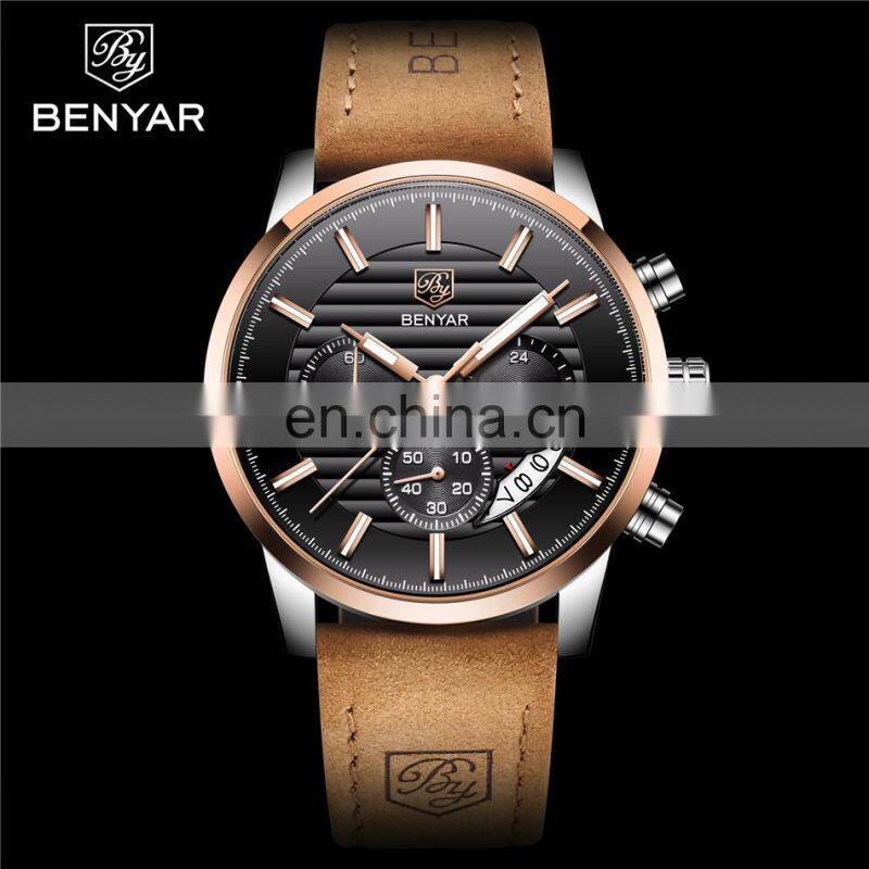 Benyar BY-5104M Personalized Man Quartz Wrist Watches Chronograph Calendar Luxury Leather Men Watch Manufacturer