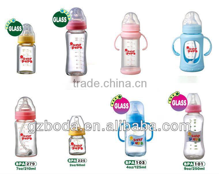 bpa free anti-explosion baby glass feeding bottle with double handle 2015