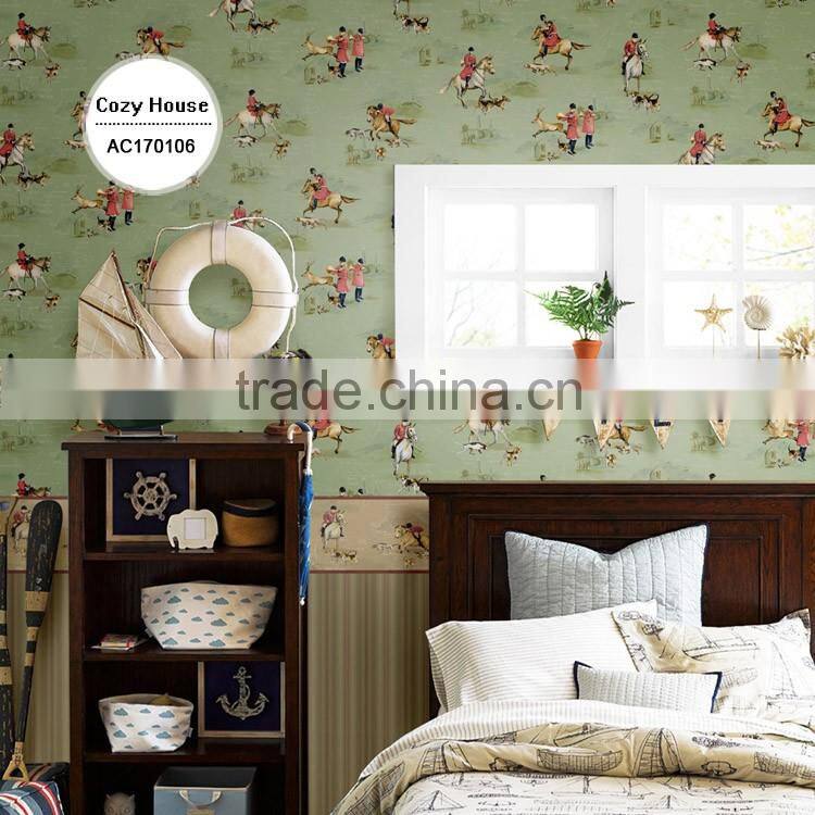 stock printing non woven wallpaper, vivid blue cartoon horses wall paper for boys room , nice wall sticker wholesale