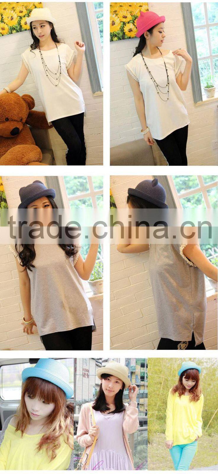 Japanese style handmade straw hat, fresh colorful cute cat hat for girl