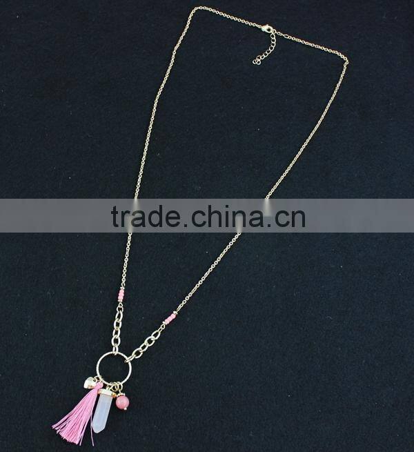 2015 Newest Long Tassel Pink Natural Stone Pendant Necklace