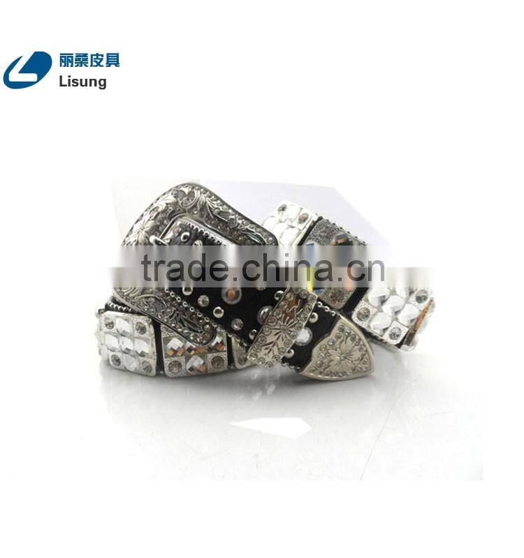 Western Cowhide Belt With Clearly Prism Cut Crystal Studded Rhineston Belt