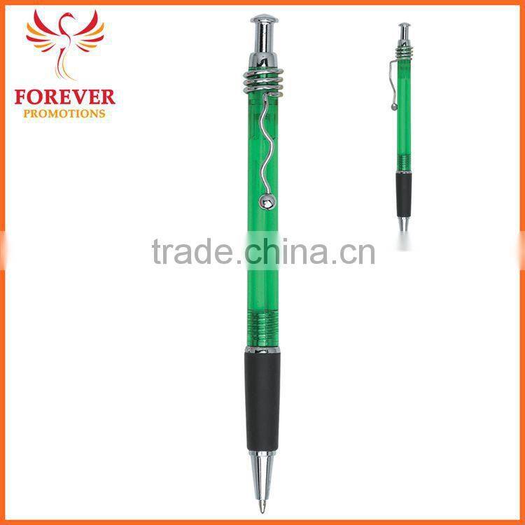 Exhibition Conference Custom Wired Clip Plunger Action Ballpoint Pen With Rubber Grip Ball Pen Supplier