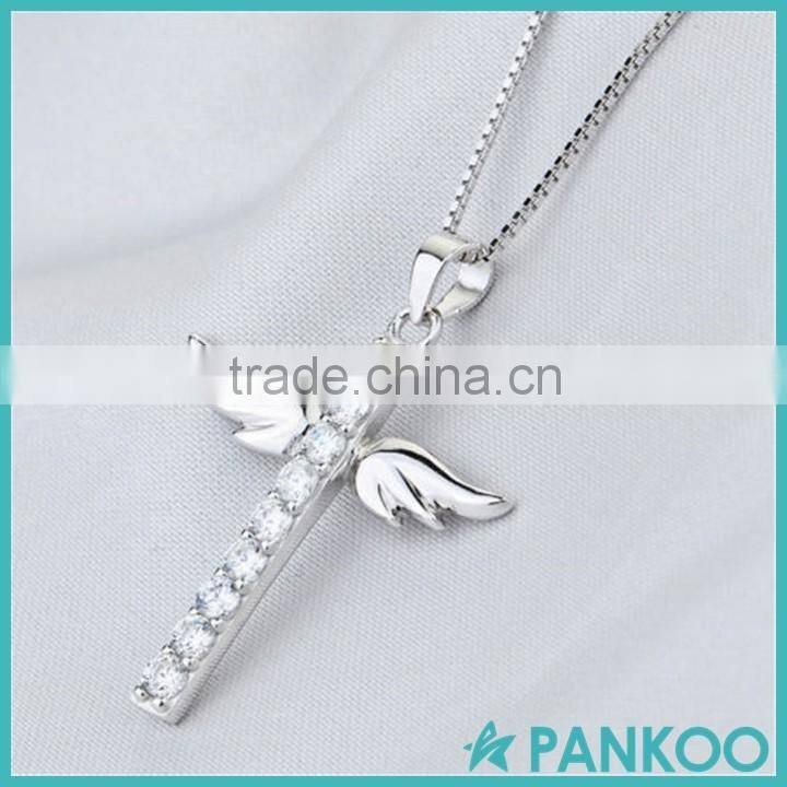 925 Sterling Silver Zircon Cross with Angel Wing Crystal Pendant 18'' Chain Necklace Fashion Jewelry