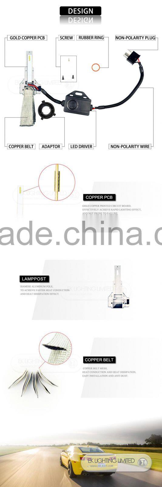 Smart System Copper Belt Canbus Conversion Car H1 H7 H11 9005 9007 H13 fanless LED Headlight Kit Bulb H4