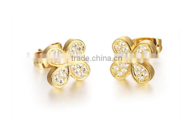 KSTONE 2015 new arrival women brand four Leaf Clover 18k Gold Plated Crystal Stud Earrings