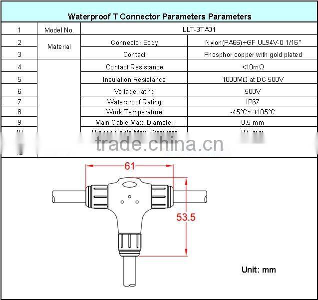 IP67 LLT 3-way Tee connector led lighting accessory waterproof T connector