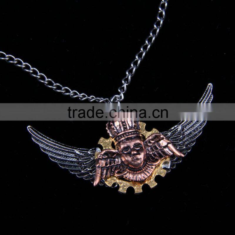 2015 yiwu fashion imitation jewelry hot sale new arrive steampunk gear angel wings pendant statement necklace key chain