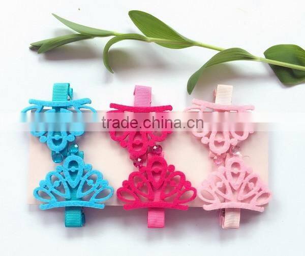 China Alibaba three types cute princess crown pattern no slip pink blue yellow polyester hairpin felt hair clip with rhinestone