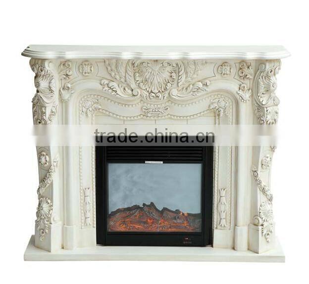 Antique handmade flower carving rococo style indoor wooden fireplace in ivory color - BF07-70341