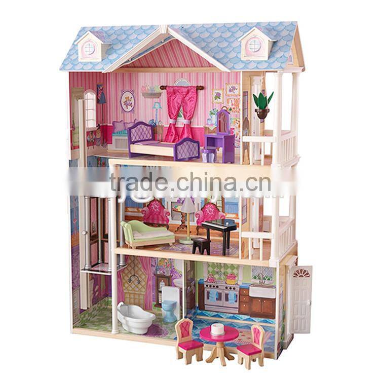 New style 3 floor girls pretend play wooden dollhouse cottage W06A224