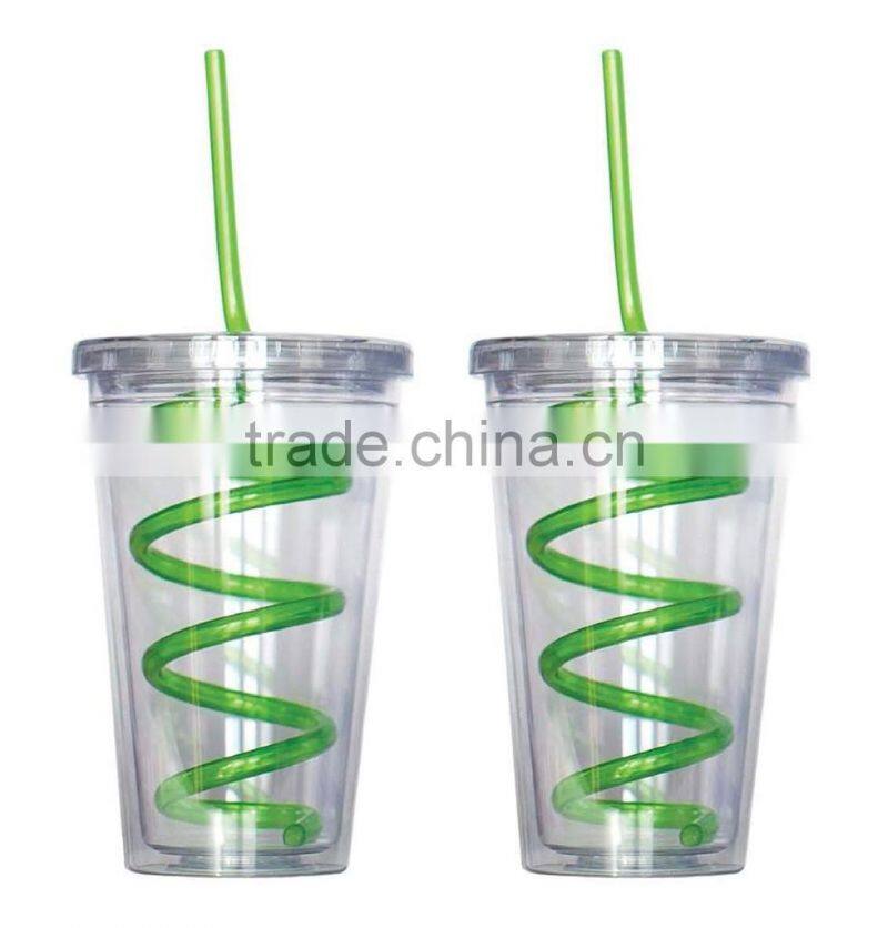 Single wall Insulated Plastic Drink Cup Glass w Curly Crazy Straw Travel Tumbler