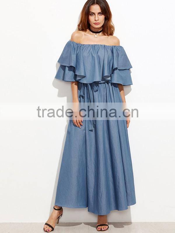 Ladies Ruffled Neck Off The Shoulder Short Sleeve Blue Color Tie Waist Long Maxi Denim Dress