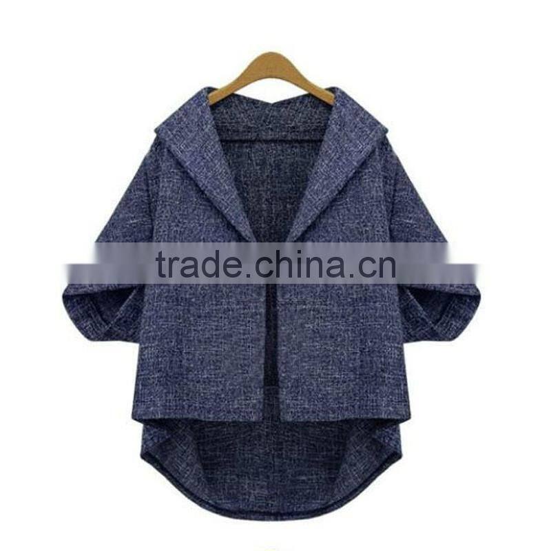 Hot selling high quality new design ladies casual turn-down collar Asymmetrical women jacket model with cap sleeve