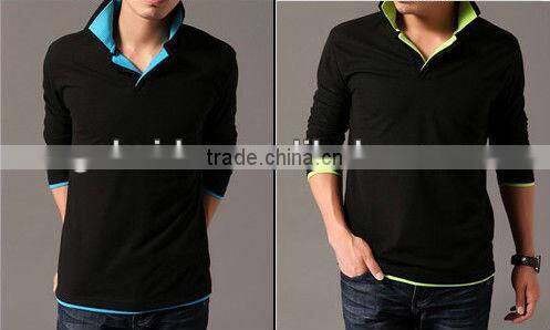 Long sleeve cotton POLO shirt double layers collar