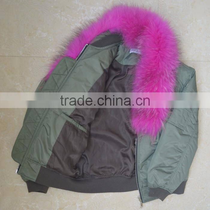 Myfur Customized Polyester MA1 Bomber Jacket with Detachable Dyed Raccoon Fur Collar for Women