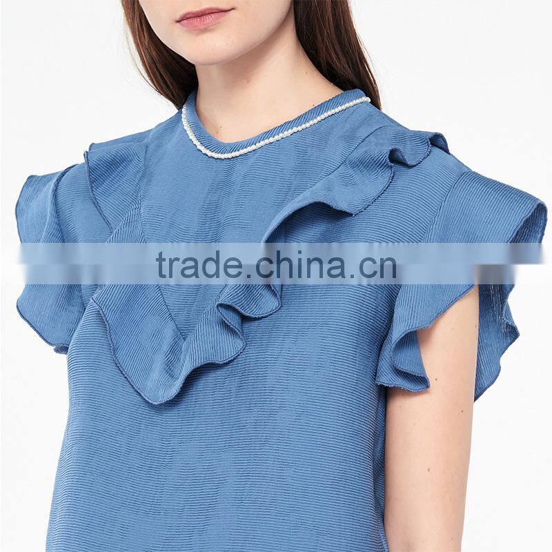 Beaded neckline ruffled shoulders top with a short flared skirt suit dress